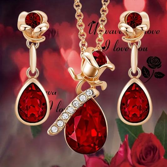 Luxury Fashion Ruby Rose Flower and Droplet Shape Pendant Necklace Earrings Set for Women Wedding Anniversary Jewelry Set Gift